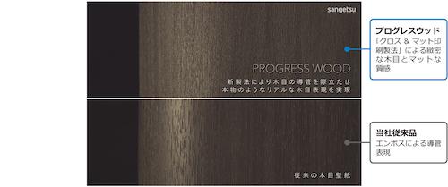上:プログレスウッド/下:従来品 リアルな木目とビニル壁紙特有のテカリを感じさせないマットな質感が特長