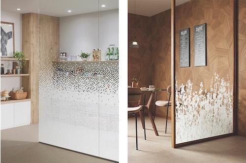 環境負荷低減と意匠性を両立したガラスフィルム：「エティコ R」（左）／「ポエトリー R」（右）